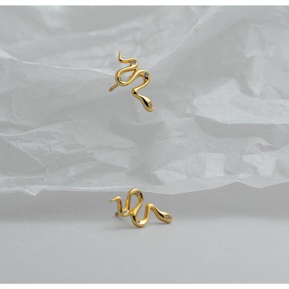 Sterling Silver Snake Stud Earrings: Gold-Plated Serpent Jewelry - Picture 6 of 7